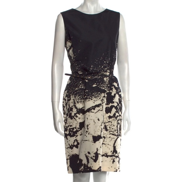 Oscar de la Renta black & cream belted silk sheath dress - size Large (L) - Picture 2 of 4